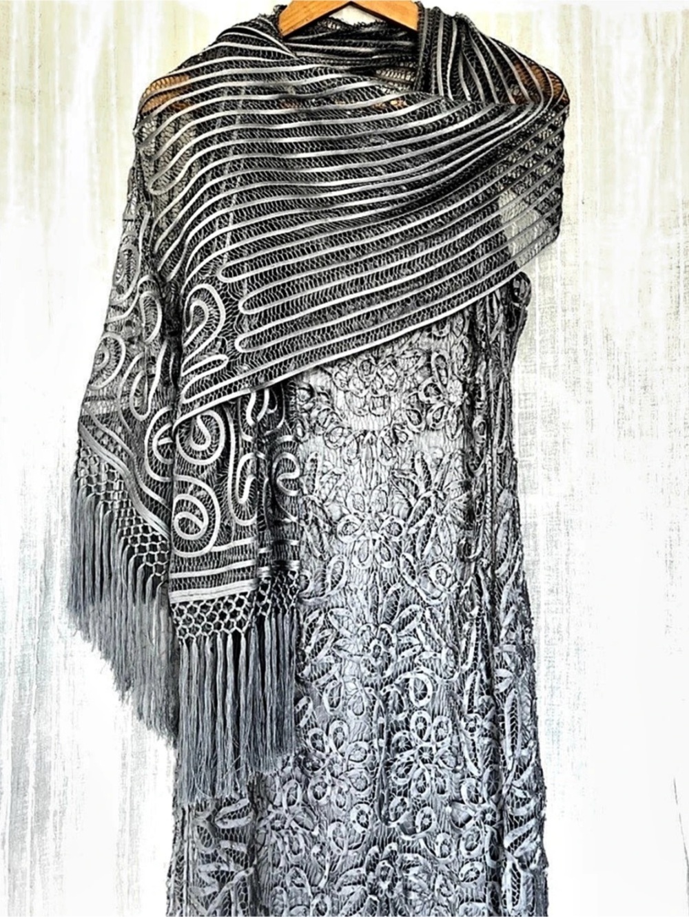 Soulmates 100% Silk Hand-Crocheted Lace Dress & Scarf Beaded XL